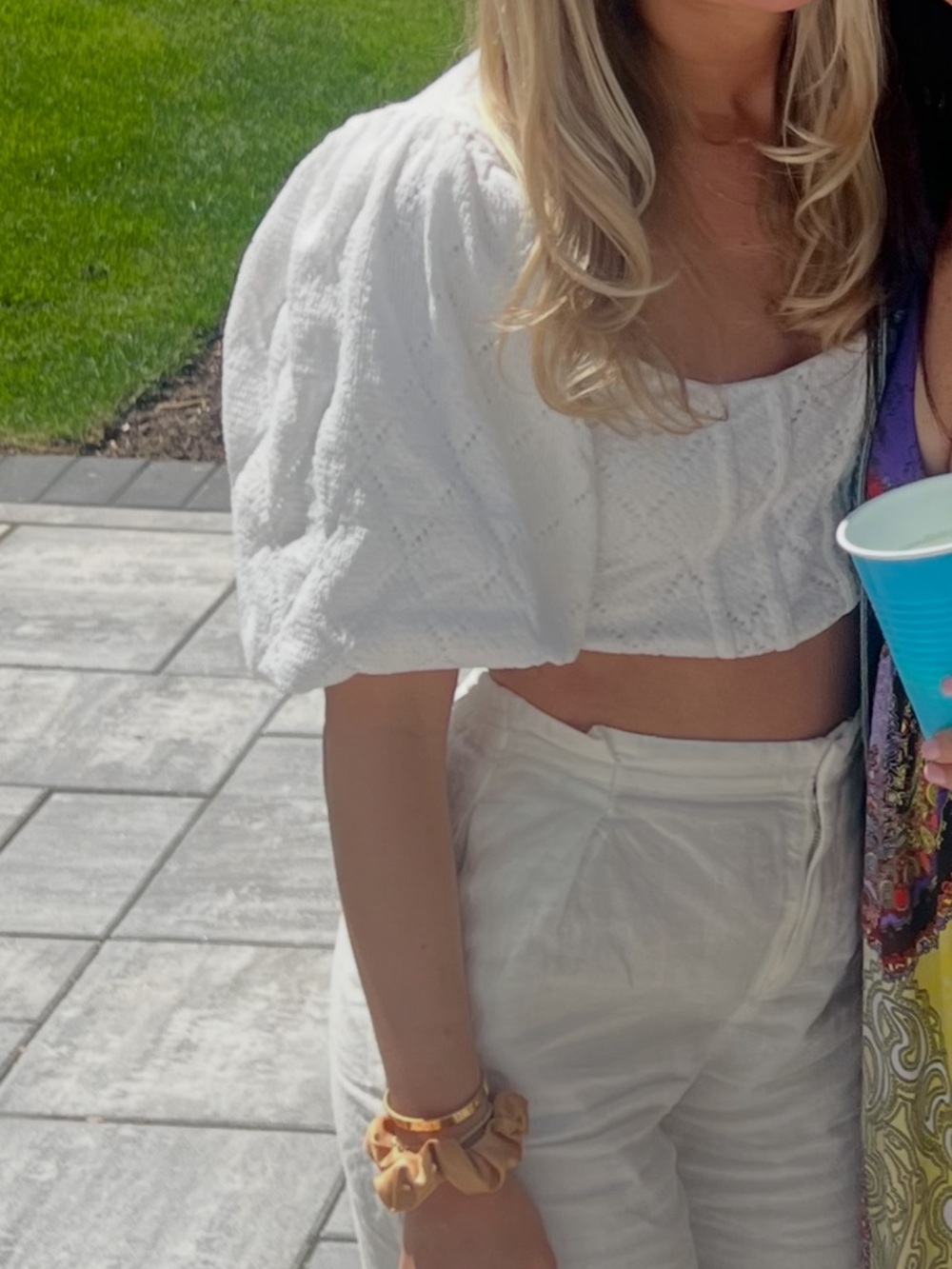 Zara White Textured Puff-Sleeve Crop Top